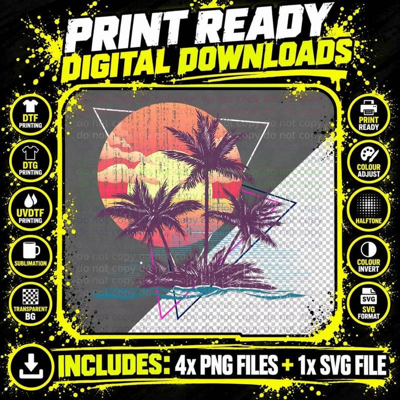 Retro Palm Trees Beach Sunset Tropical Summer T-Shirt Png SVG Digital Bundle