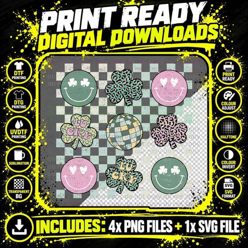 Retro Patricks Day Smile Face Clover Irish Shamrock Png SVG Digital Bundle
