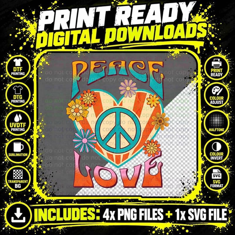 Retro Peace Love Peace Sign 60s 70s Hippie Style T-Shirt Png SVG Digital Bundle