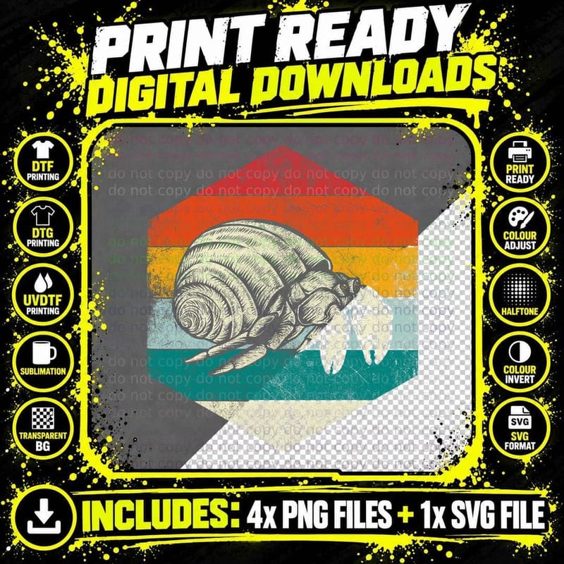Retro Sea Animal Hermit Crab T-Shirt Png SVG Digital Bundle