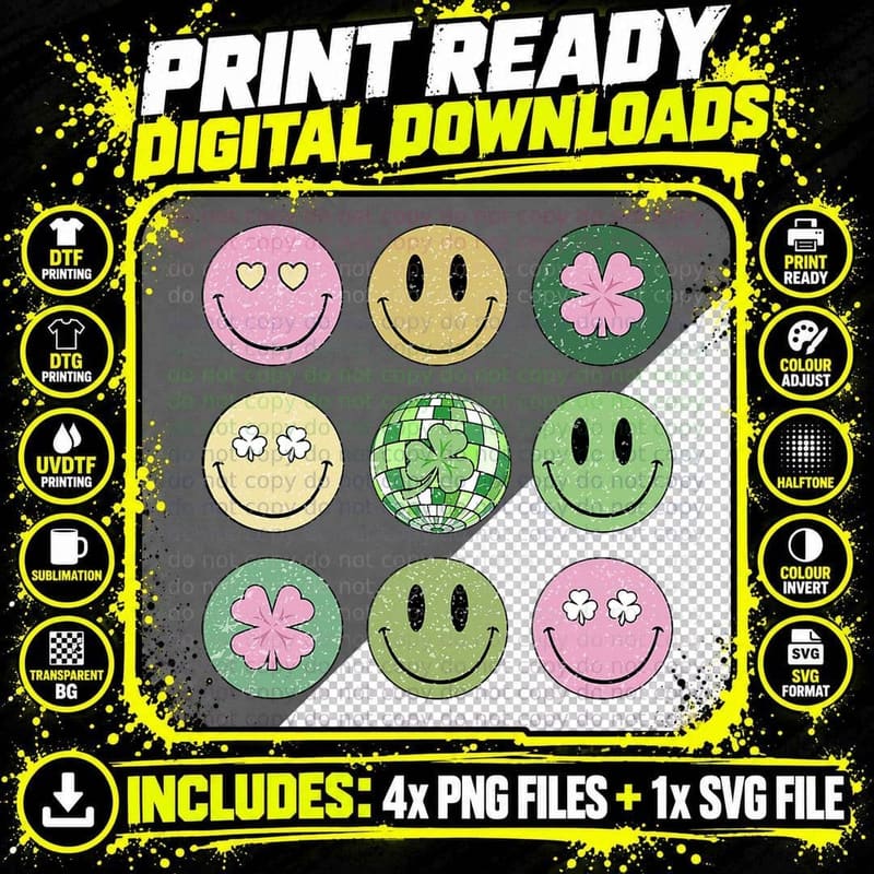 Retro St Patricks Day Girl Groovy Pink Smile Face Kids Png SVG Digital Bundle
