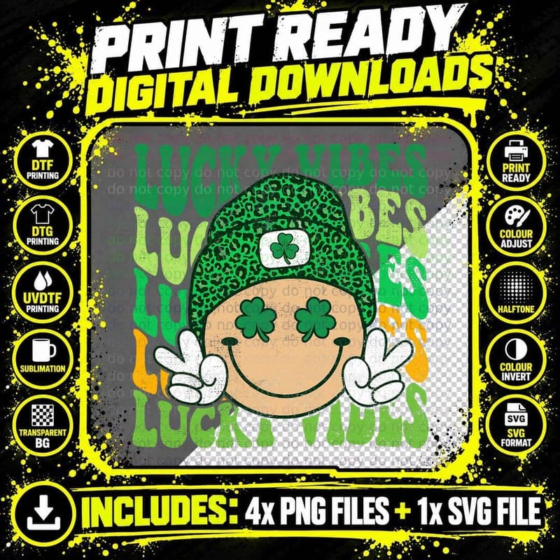 Retro St Patricks Day Lucky Vibes Shamrock Eyes Happy Png SVG Digital Bundle