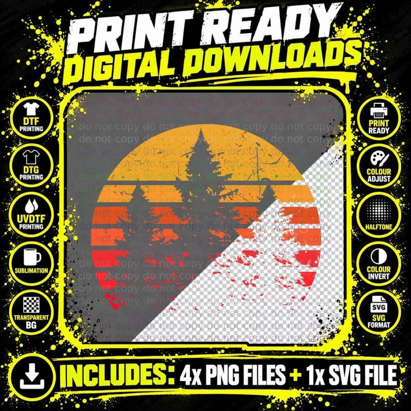 Retro Sun Minimalist Pine Tree Design - Graphic Tee Png SVG Digital Bundle