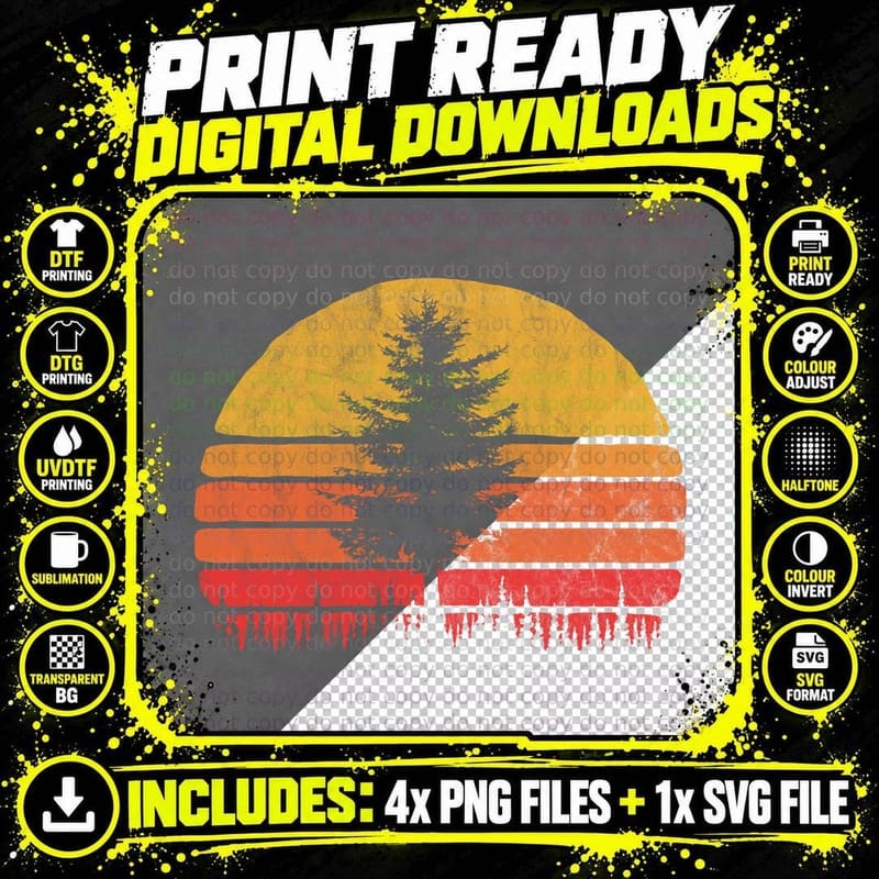 Retro Sun Minimalist Pine Tree Vintage Graphic Png SVG Digital Bundle