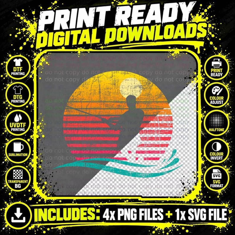 Retro Sunset Waterskiing - Beach Waterskier Water Ski Png SVG Digital Bundle