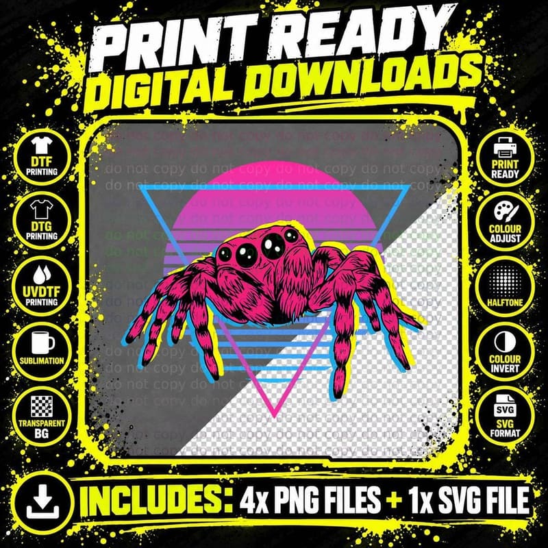 Retro Vintage 70s 80s Style Vaporwave Pet Jumping Spider Png SVG Digital Bundle