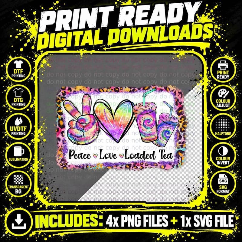 Retro Vintage Peace Love Loaded Tea Lover Tie Dye Png SVG Digital Bundle