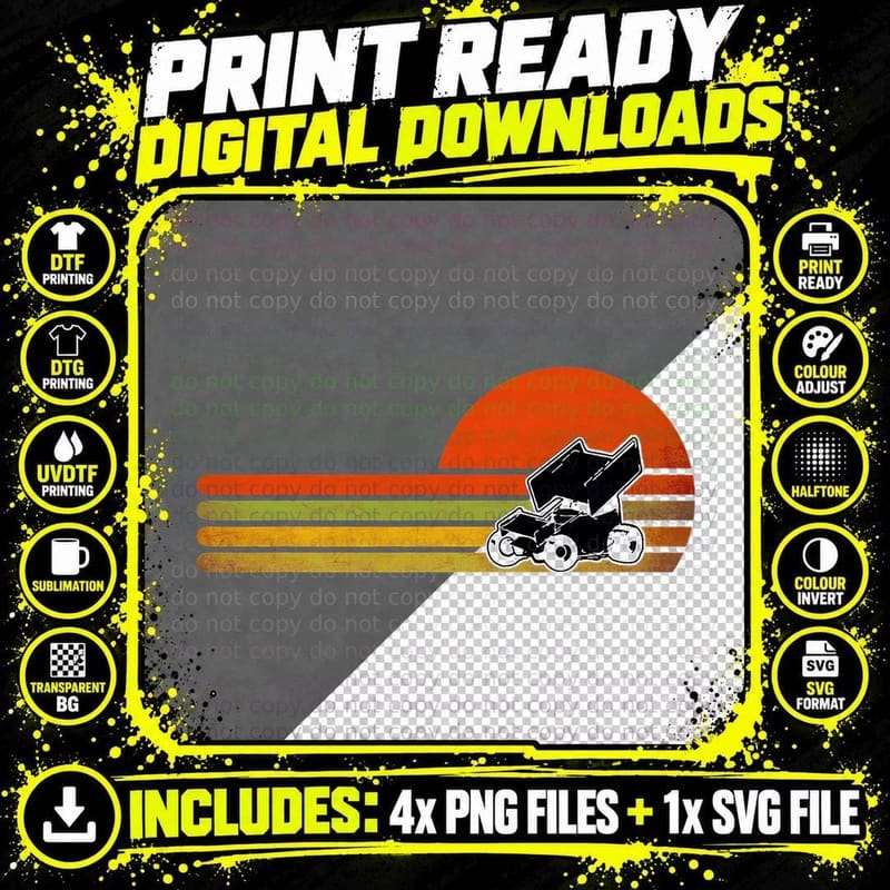 Retro Vintage Sprint Car Dirt Track Racing Distressed Png SVG Digital Bundle