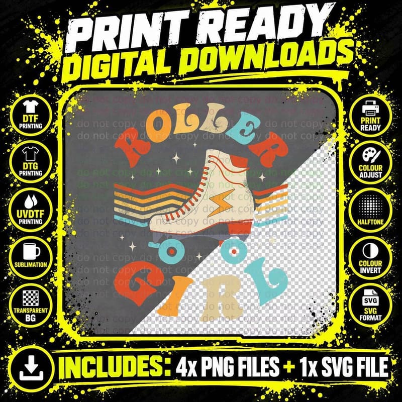 Roller Girl Skater Skating Retro Vintage 70s 80s Skates Png SVG Digital Bundle