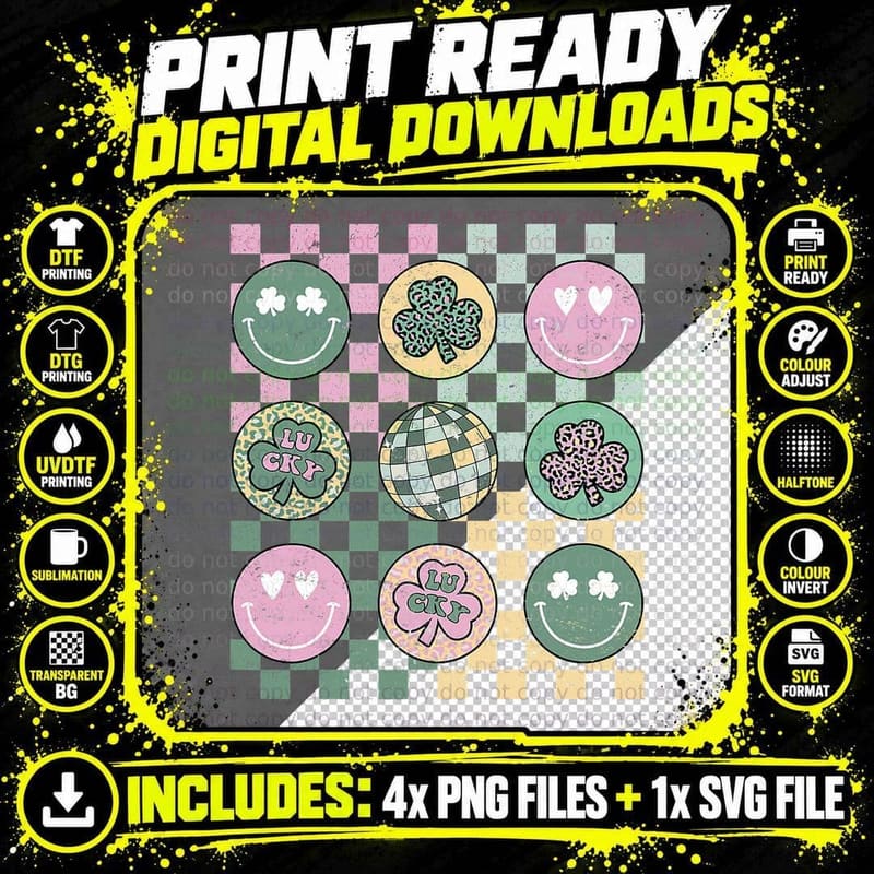 Shamrock Smile Face Disco Retro Groovy St Patricks Day Png SVG Digital Bundle