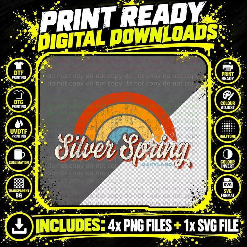 Silver Spring Maryland MD Vintage Rainbow Retro 70s Png SVG Digital Bundle