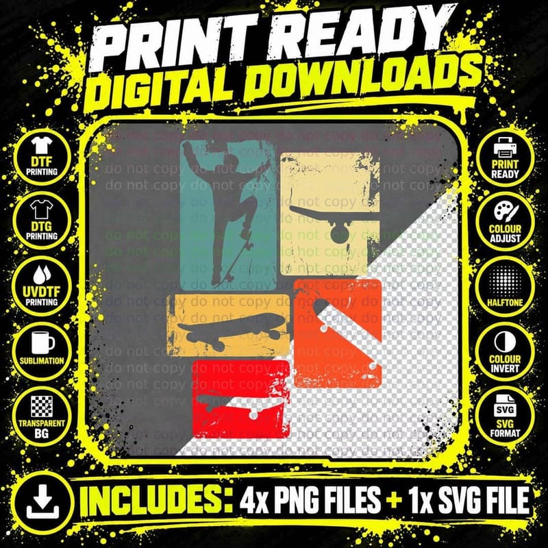 Skater Skateboarder Retro Skateboard Gift for Boys Youth Png SVG Digital Bundle