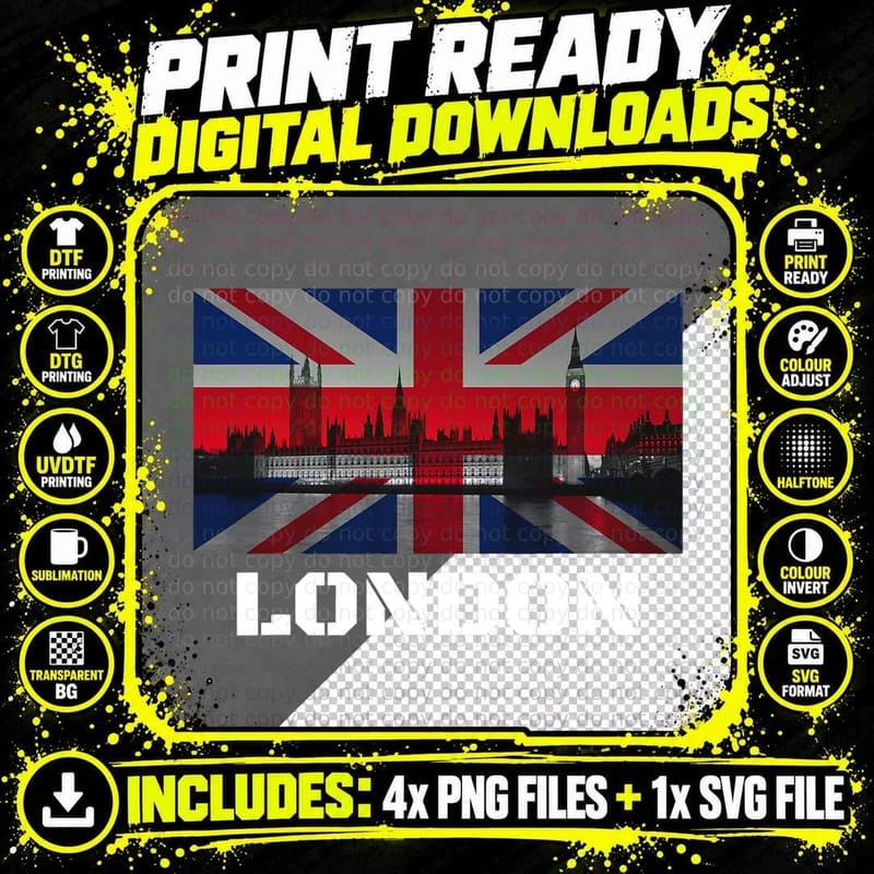 Souvenir London City Vintage UK Flag British T-Shirt Png SVG Digital Bundle