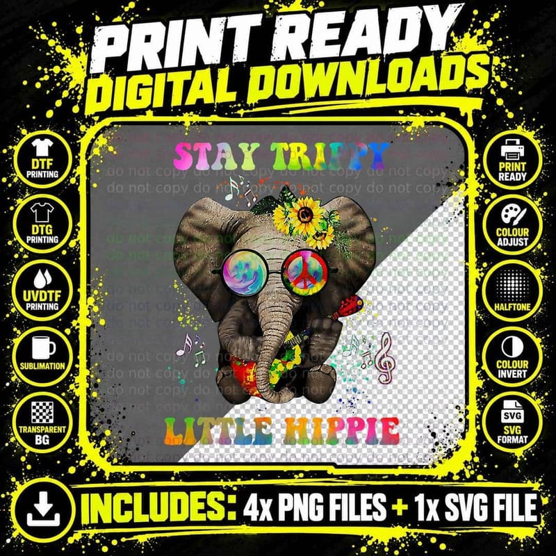 Stay Trippy Little Hippie Hippies Vintage Hippy Elephant Png SVG Digital Bundle