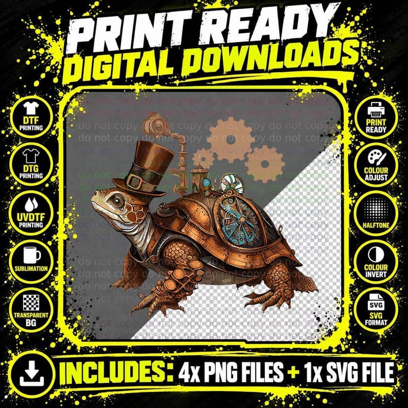Steampunk Turtle Vintage Mechanical Gears Reptile Lovers Png SVG Digital Bundle