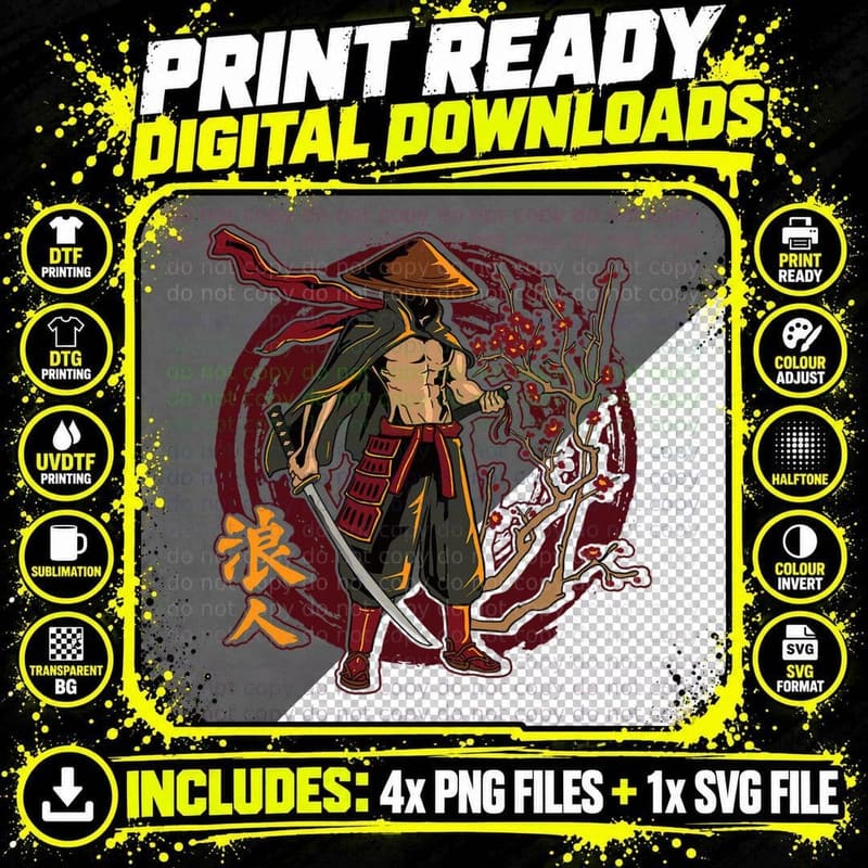 Straw Hat Ronin Retro Vintage Japanese Artartwork Png SVG Digital Bundle
