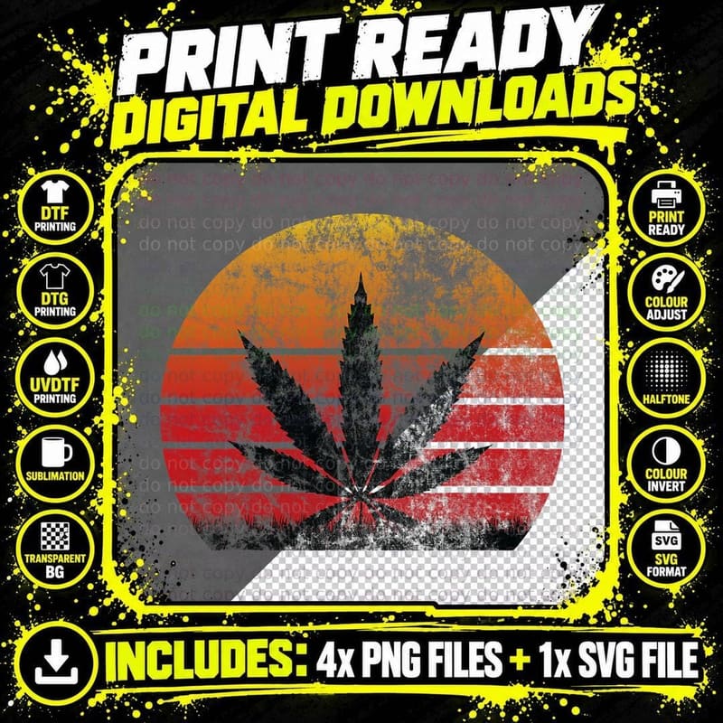 Sun Vintage Marijuana Weed Cannabis Leaf Retro Doobies Png SVG Digital Bundle