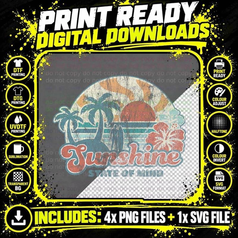 Sunshine State of Mind Retro 60s Faded Summer T-Shirt Png SVG Digital Bundle