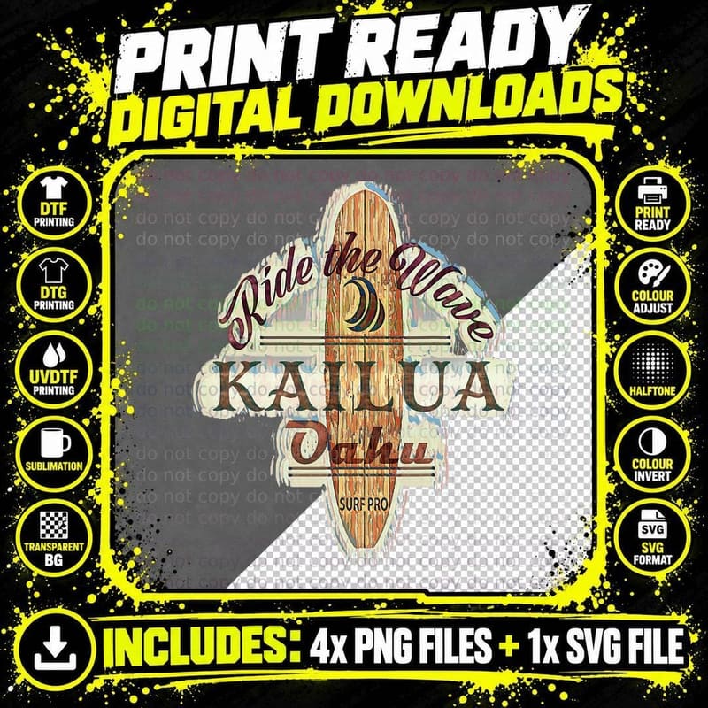 Surfing, Surfboard, Distressed Longboard Kailua Oahu Png SVG Digital Bundle