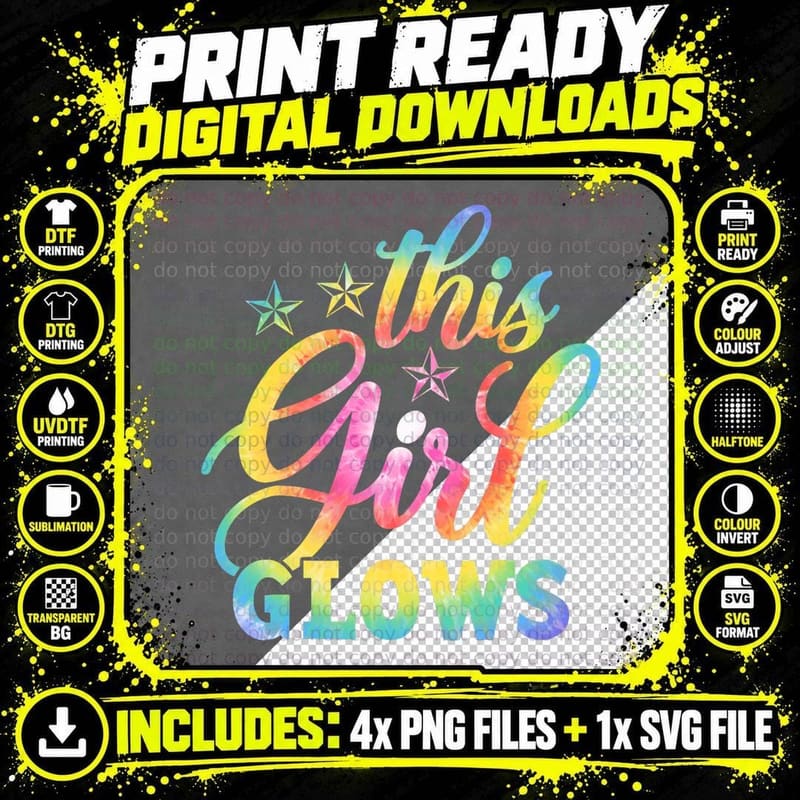 This Girl Glows for Women & Girls Tie Dye 80s Themed Png SVG Digital Bundle