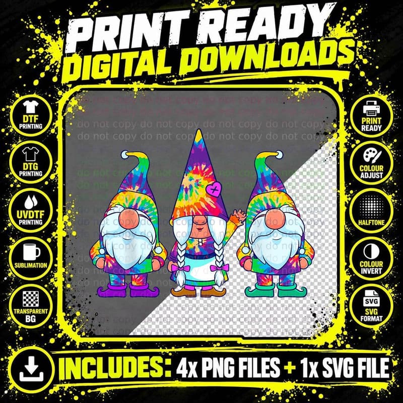 Three Hippie Gnomes Tie Dye Retro Vintage Hat Peace Png SVG Digital Bundle