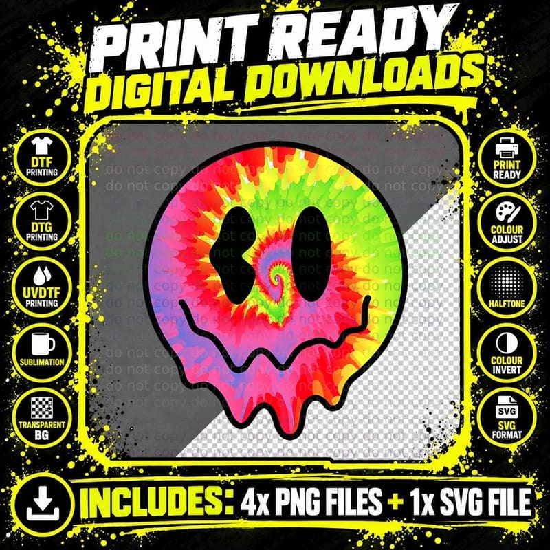 Tie Dye Hippie Smile Face Groovy Face Psychedelic Png SVG Digital Bundle