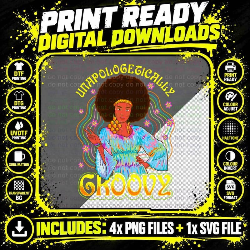 Unapologetically Groovy Black Woman 70s Dance Party Png SVG Digital Bundle