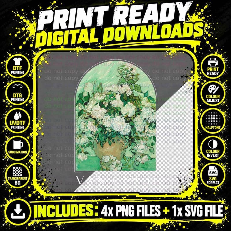 Van Gogh Vase with Pink Roses Classic Art Vintage Png SVG Digital Bundle
