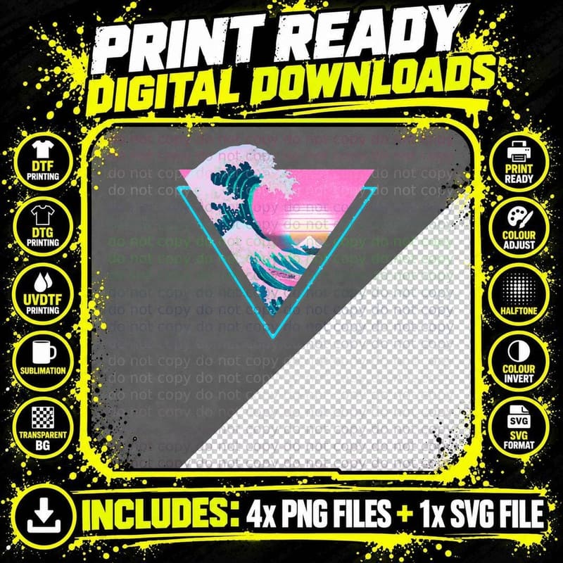 Vaporwave Aesthetic Great Wave Retro Triangle Classic Png SVG Digital Bundle
