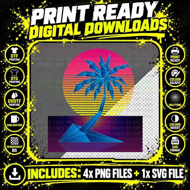 Vaporwave Digital Art Palm Tree & Sunset Retro 80s Beach Png SVG Digital Bundle