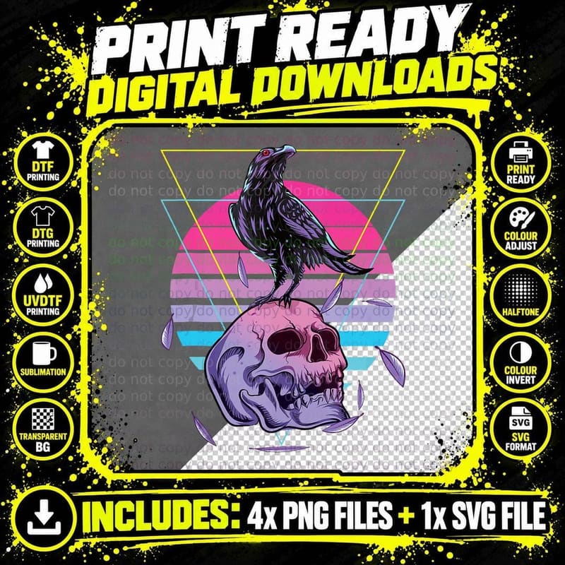 Vaporwave Skull and Crow Retro Aesthetic Pastel Goth Art Png SVG Digital Bundle