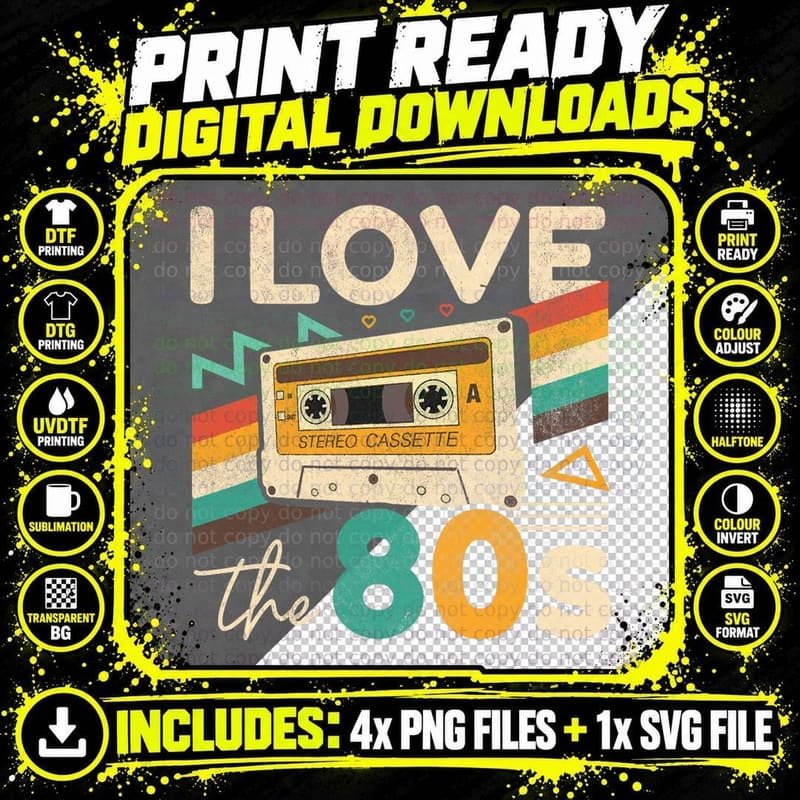 Vintage 80s Women Men I Love the 80's Cassette Party Png SVG Digital Bundle