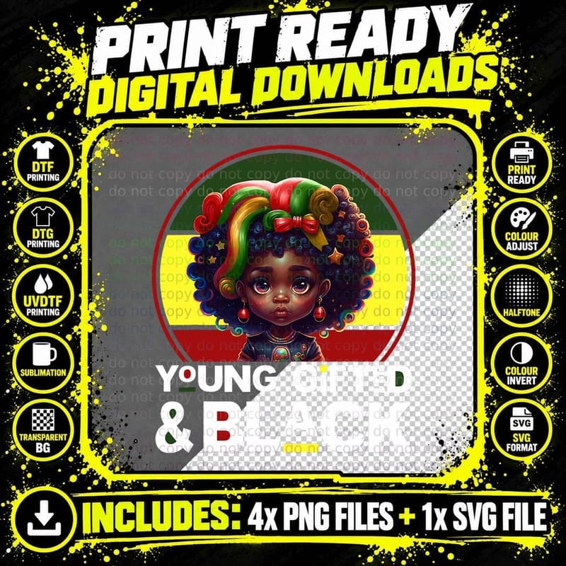 Vintage Black Month History Young Gifted Kids Baby Girl Png SVG Digital Bundle