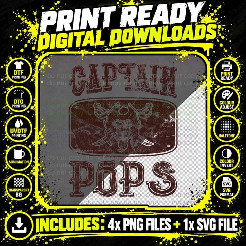 Vintage Captain Pops Personalized Pirate Pontoon Boating Png SVG Digital Bundle