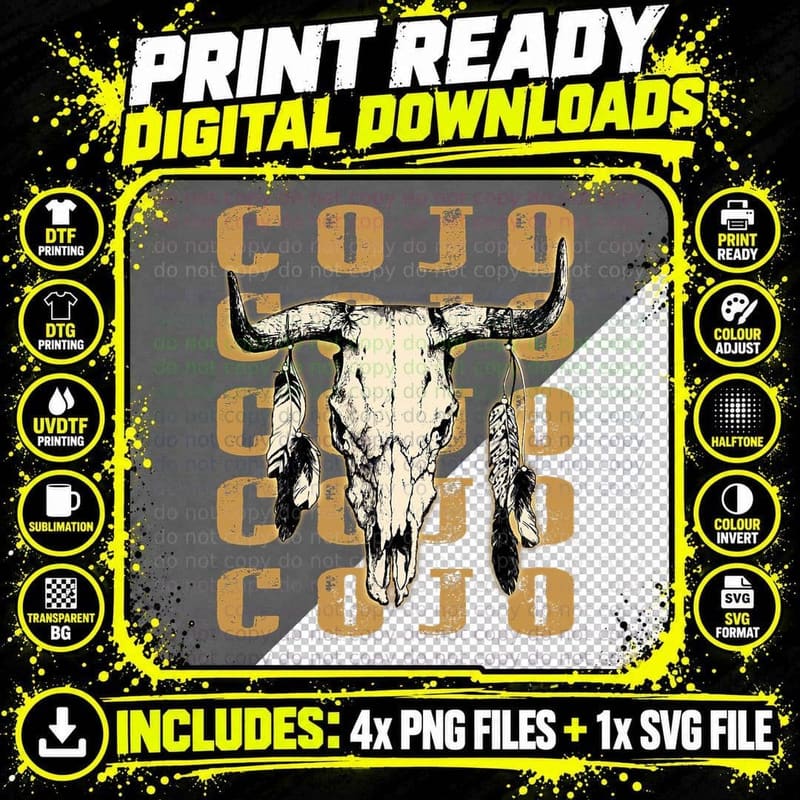 Vintage Cojo Bull Skull Flowers Shirt Music Outlaws 80s Png SVG Digital Bundle