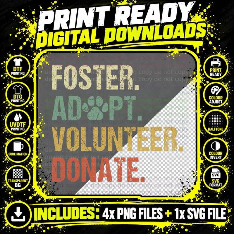 Vintage Foster Adopt Volunteer Donate Animals Rescue Png SVG Digital Bundle