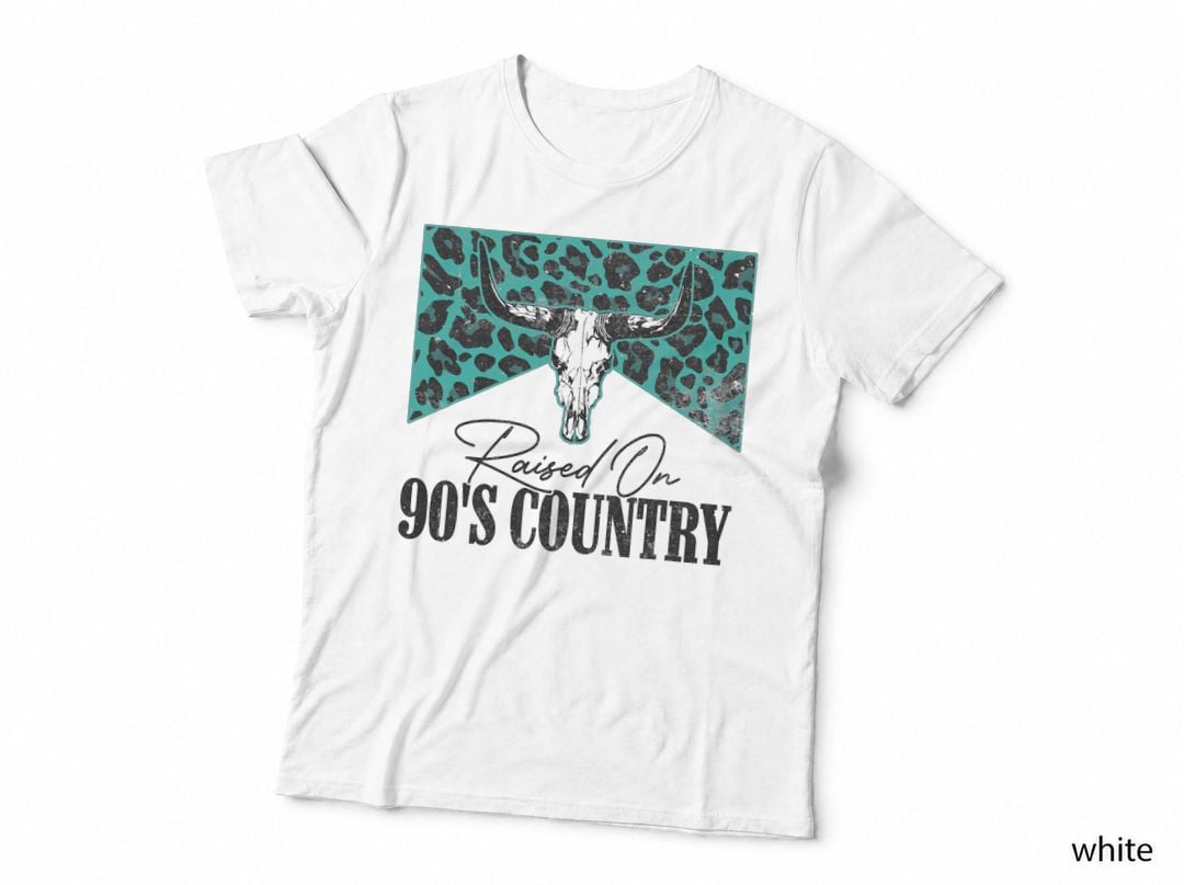 Vintage Leopard Bull Skull Raised on 90's Country Music T-Shirt