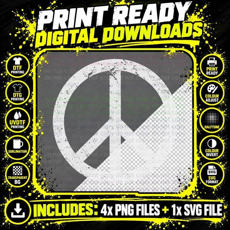 Vintage Peace Sign White Distressed T-Shirt Png SVG Digital Bundle