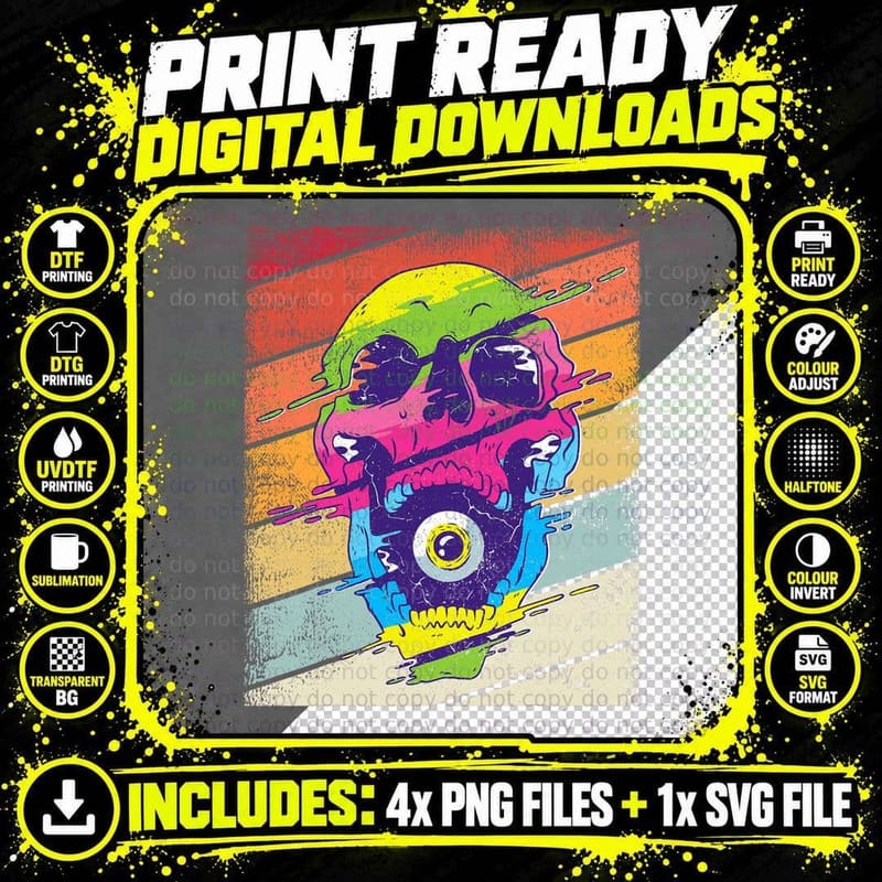 Vintage Psychedelic Colorful Skull Retro T-Shirt Png SVG Digital Bundle