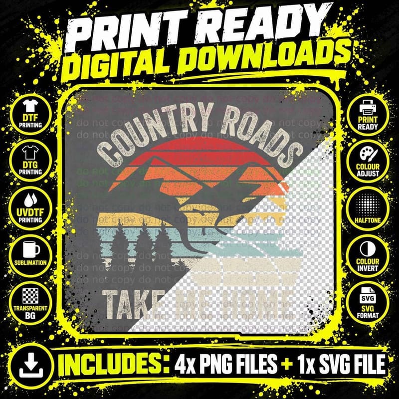 Vintage Retro Country Roads Take Me Home T-Shirt Png SVG Digital Bundle