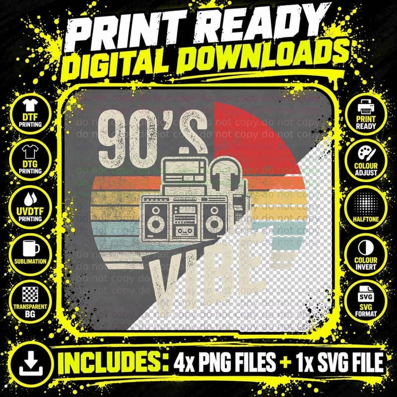 Vintage Retro Party Nineties 90s Vibe 1990s Music 90s Png SVG Digital Bundle