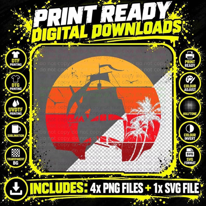 Vintage Retro Pirate Ship and Sailboat of the Pacific Png SVG Digital Bundle