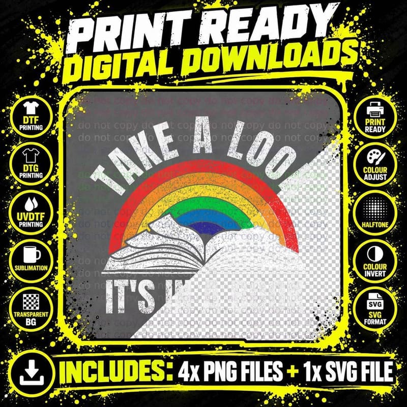 Vintage Retro Rainbow Take a Look It's in a Book Reading Png SVG Digital Bundle