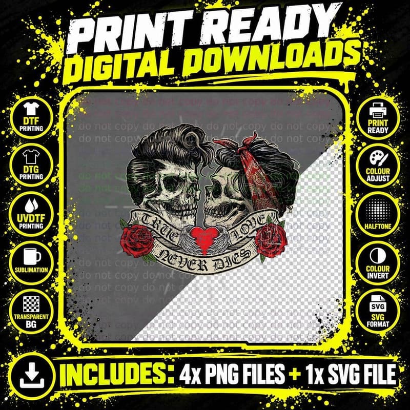 Vintage Retro True Love Never Dies Tattoo Rockabilly Png SVG Digital Bundle