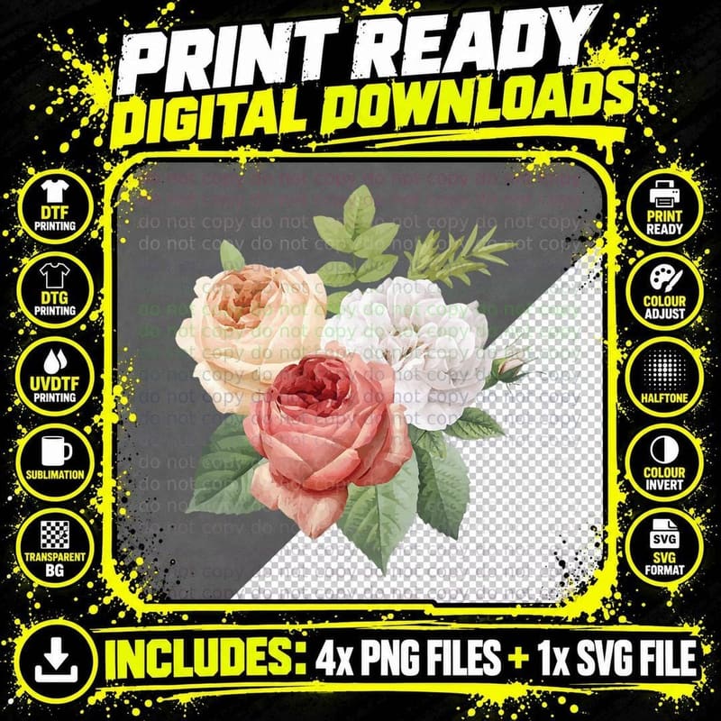 Vintage Roses Blossom Watercolor Flowers Gardening Png SVG Digital Bundle