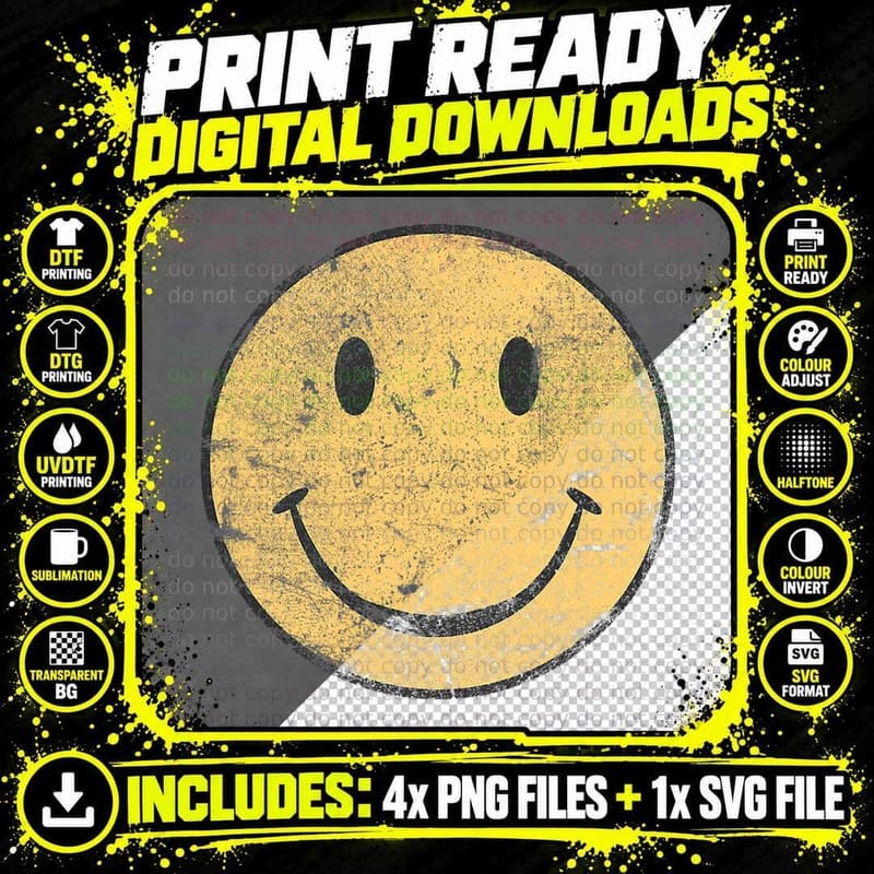 Vintage SMILE FACE 70's Vibe Yellow Smile T-Shirt Png SVG Digital Bundle