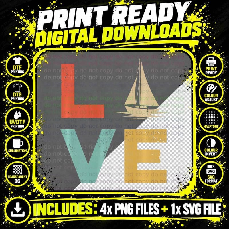 Vintage Sailboat LOVE Retro Boat Captain Sailing Gear Png SVG Digital Bundle