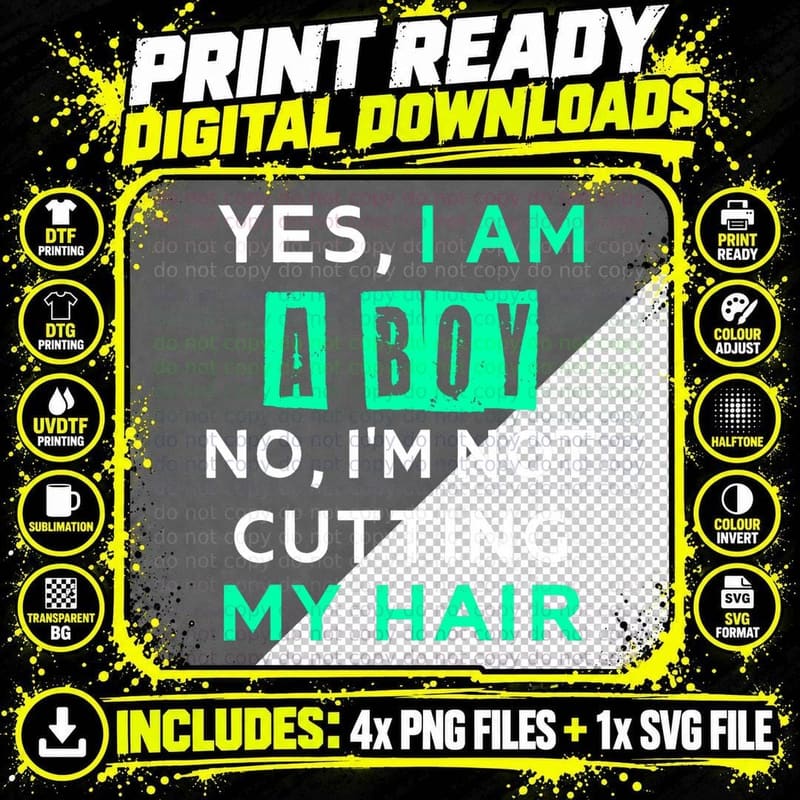 Vintage Yes, I Am a Boy No, I'm Not Cutting My Long Hair Png SVG Digital Bundle