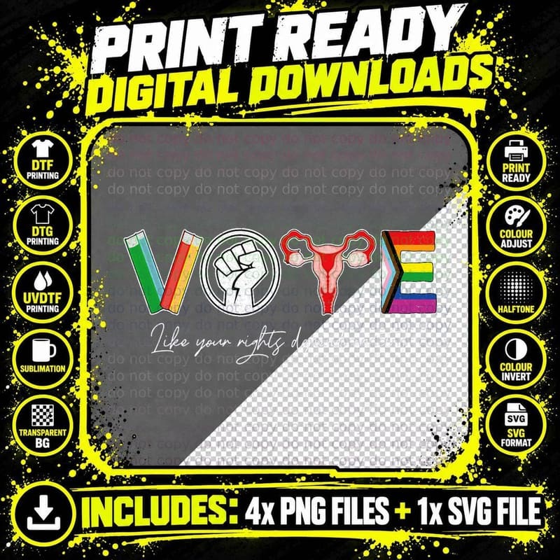 Vote Books Fist Uterus LGTBQ Flag Retro Pro Choice Png SVG Digital Bundle