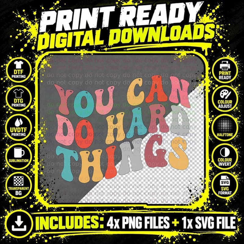 You Can Do Hard Things Groovy Retro Motivational Quote Png SVG Digital Bundle